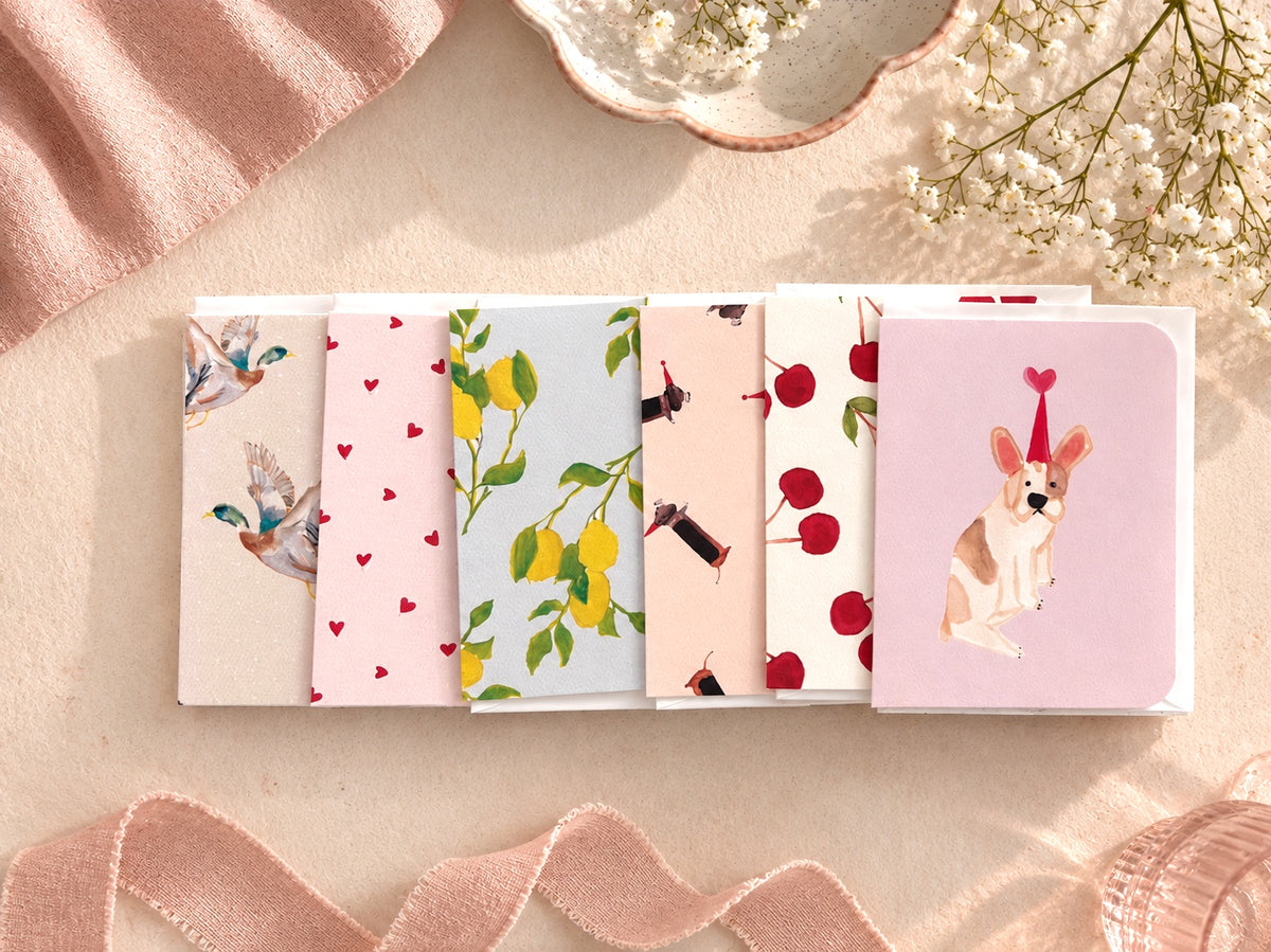 Six cartes de souhaits à l'aquarelle Poegraphia alignées en éventail dans leur coffret, avec une carte chien au chapeau de fête