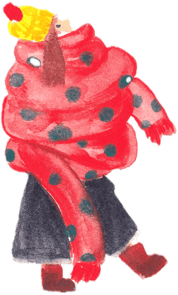 Illustration à l'aquarelle d'un personnage en manteau à pois rouge